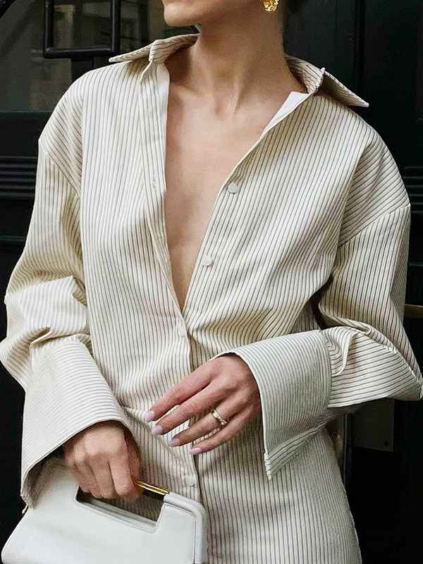 Buttoned Striped Flared Sleeves Long Sleeves Lapel Shirt Dress Mini Dresses