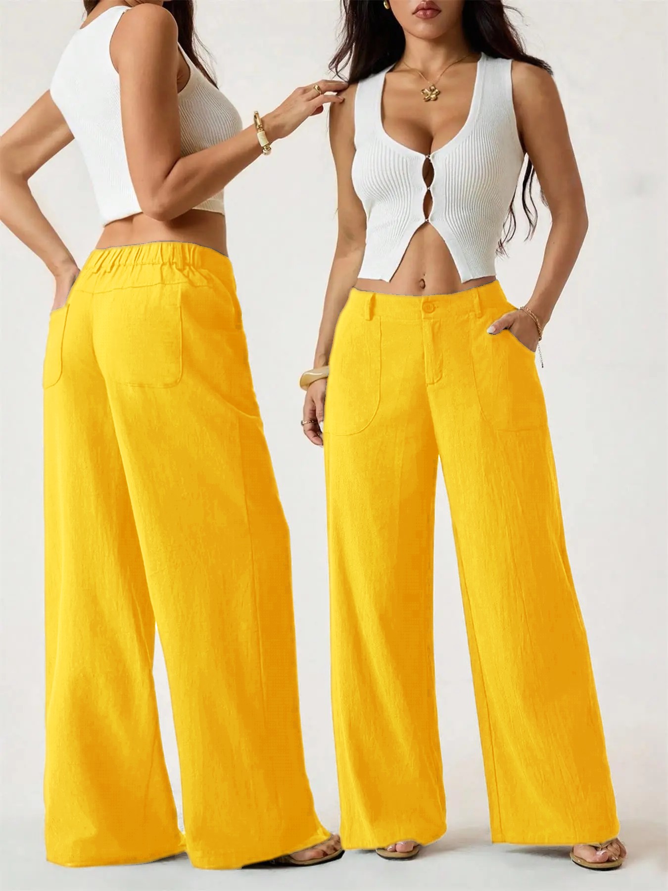 Women's Classical Linen Palazzo Pants Summer Flowy Wide Straight Leg Beach Trousers With Pocket
