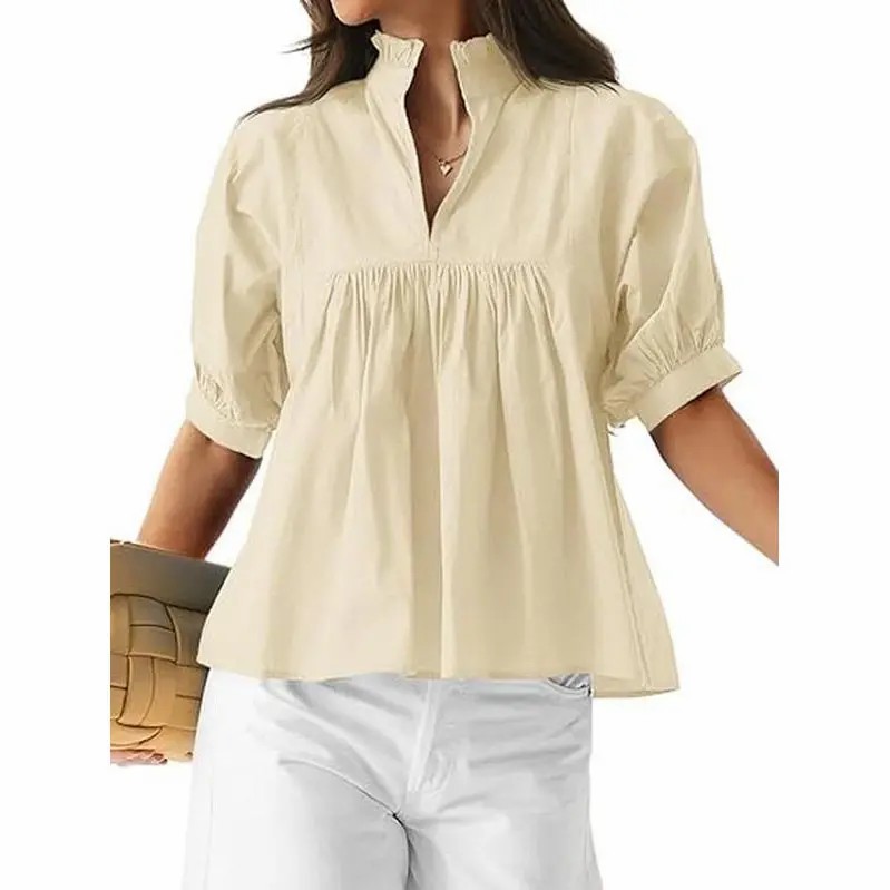 Women's V Neck Puff Sleeve Blouse – Babydoll Peplum Loose Fit Top