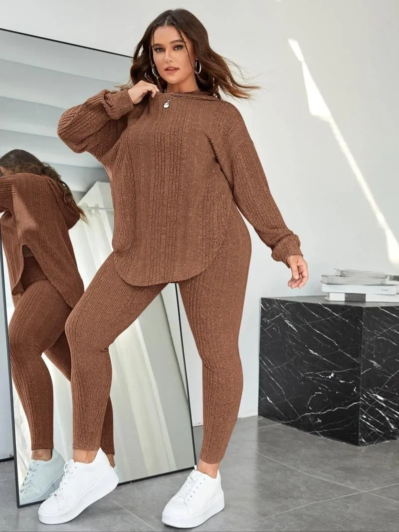 [Plus Size] Plain Split Curved Hem Hoodie & Leggings Lounge Two-piece Set
