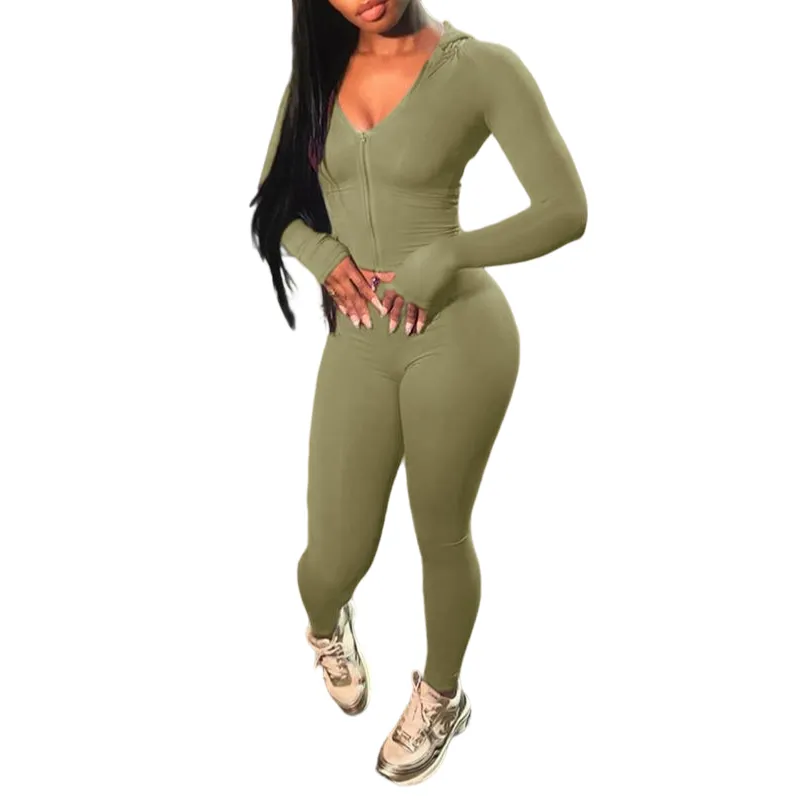 Women's Solid Color Zip Up Crop Top & High Waist Leggings Two-piece Set