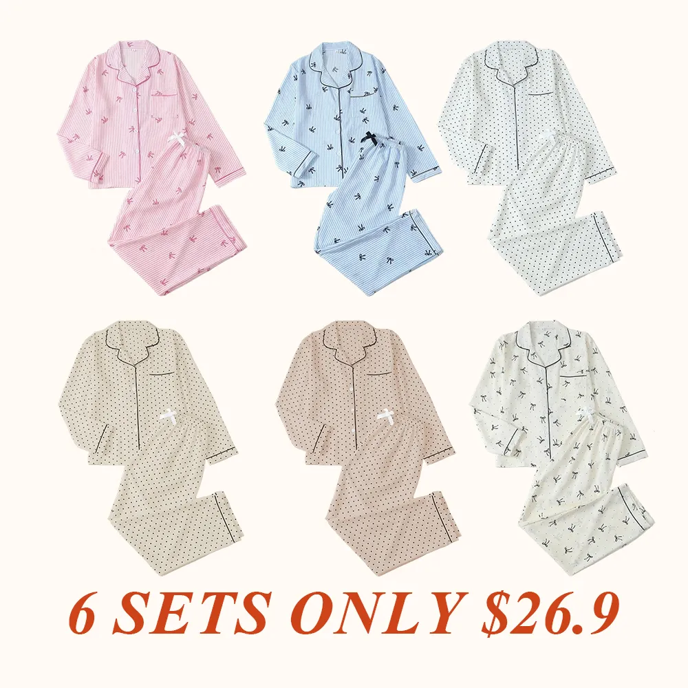 Women's Striped Bow Print Long Sleeve Pajama Set