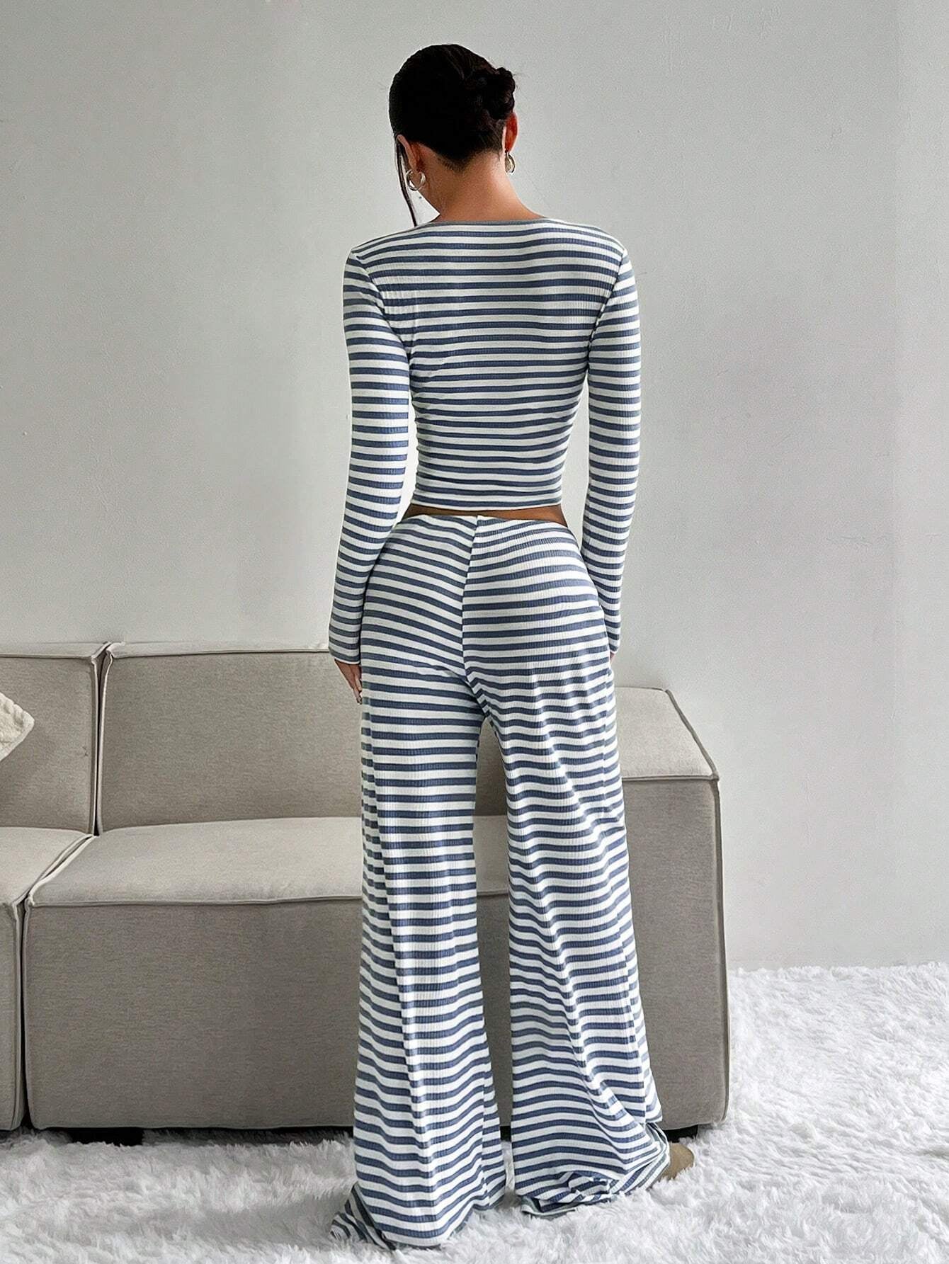 Women's Slouchy Square Neck Stripe Long Sleeve Crop Top & Low-Rise Wide Leg Trousers Co-ord, Minimalist Two Piece Outfits, Cozy Womenswear