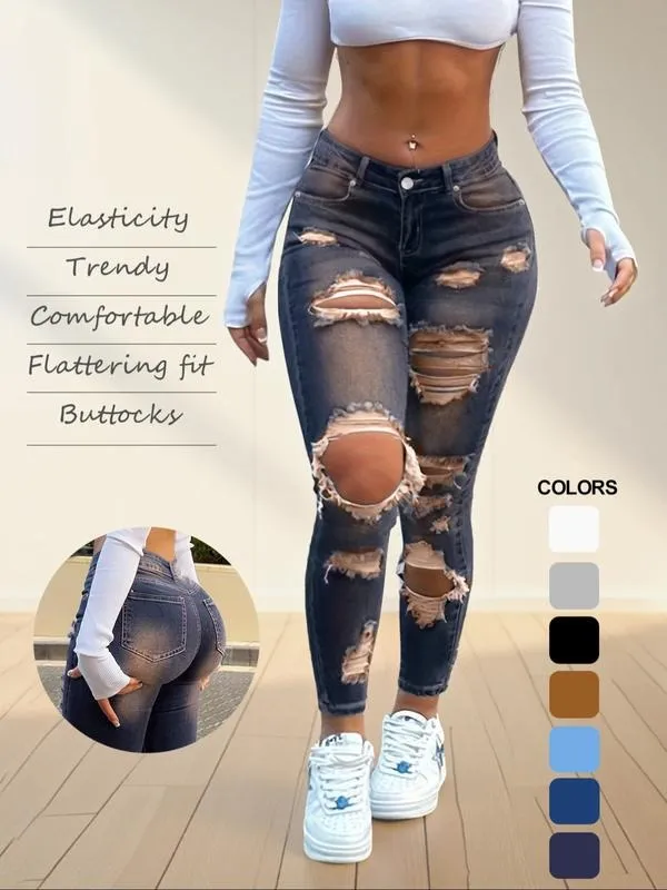 Women's High Waist Ripped Skinny Jeans with Butt Lifting Design, Elastic Denim for Valentine's Day Fashion