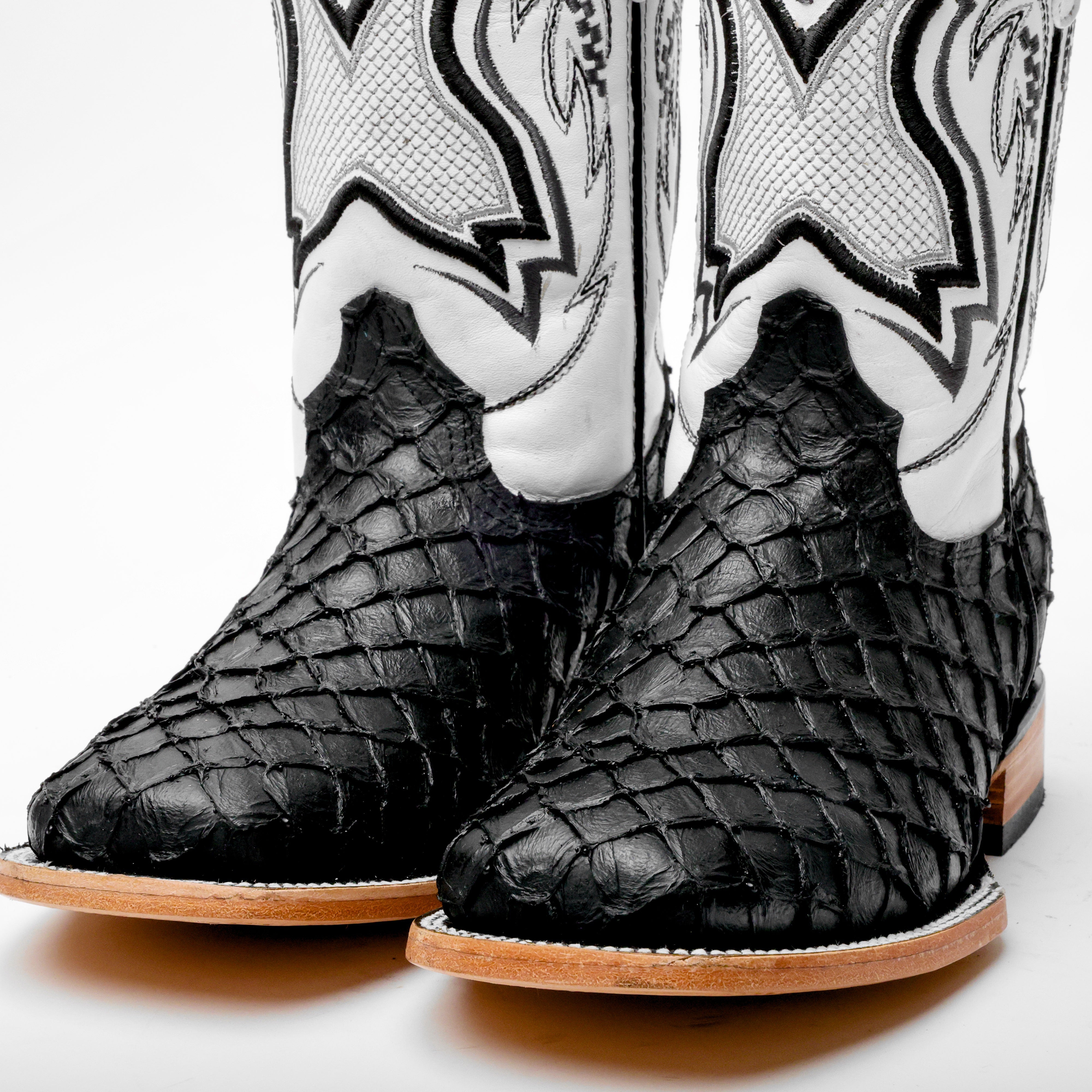 Black Mini Pirarucu Leather Boots - Square Toe