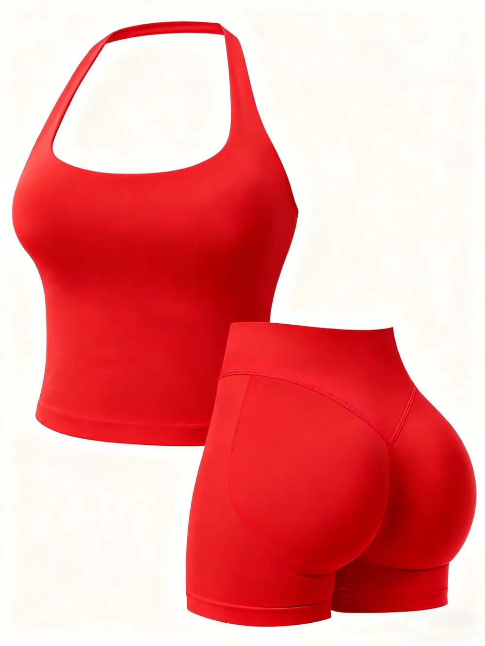 Two-Piece Set Women's Solid Color Halter Top & High Waist Shorts Sports Set