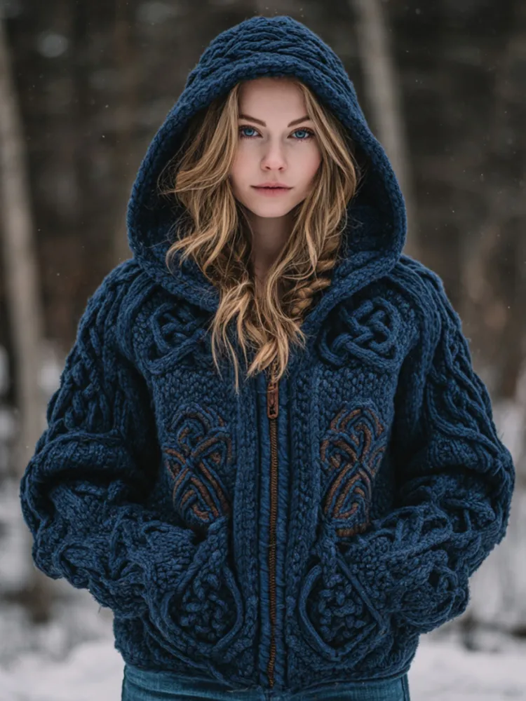 Women's Viking Celtic Knot Cozy Warm Knit Full Zip Hooded Sweater