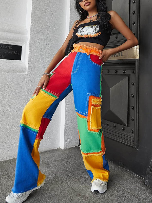 Buttoned Contrast Color Fringed Split-Joint High Waisted Loose Trousers Jean Pants Bottoms