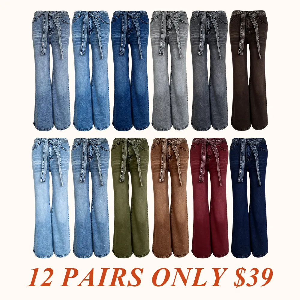 Women's Allover Rhinestone Decor High Waist Zipper Fly Jeans Casual Wide Leg Loose Fit Denim Pants