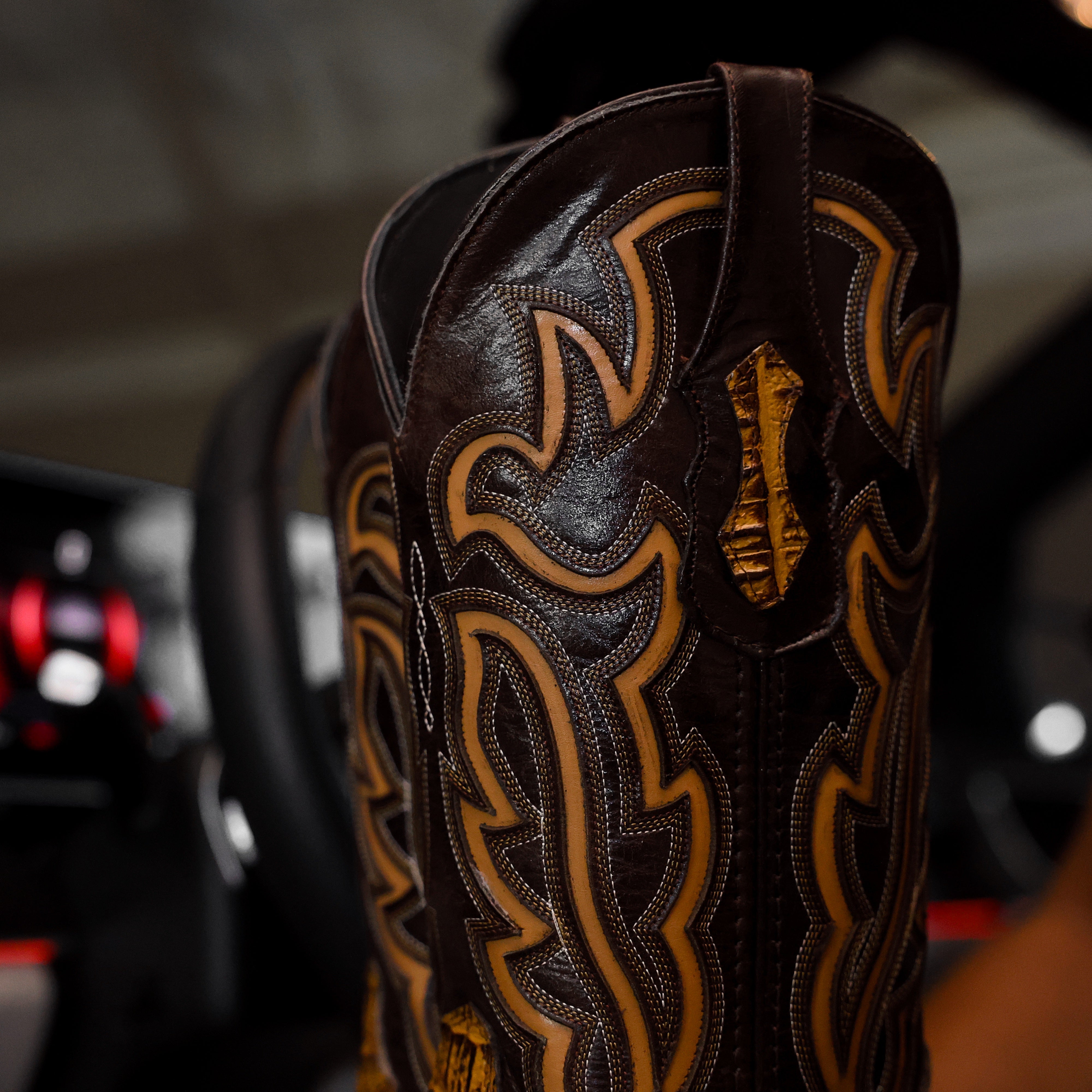 Honey Caiman Neck Leather Boots - Square Toe