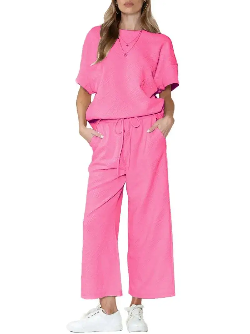 ⏰Women's Textured Loose Fit T Shirt and Drawstring Pants Casual Set