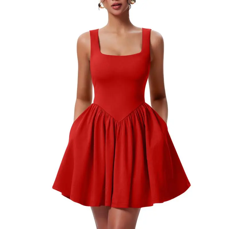 Women's Square Neck A-line Ruffle Hem Mini Tank Dress with Pockets