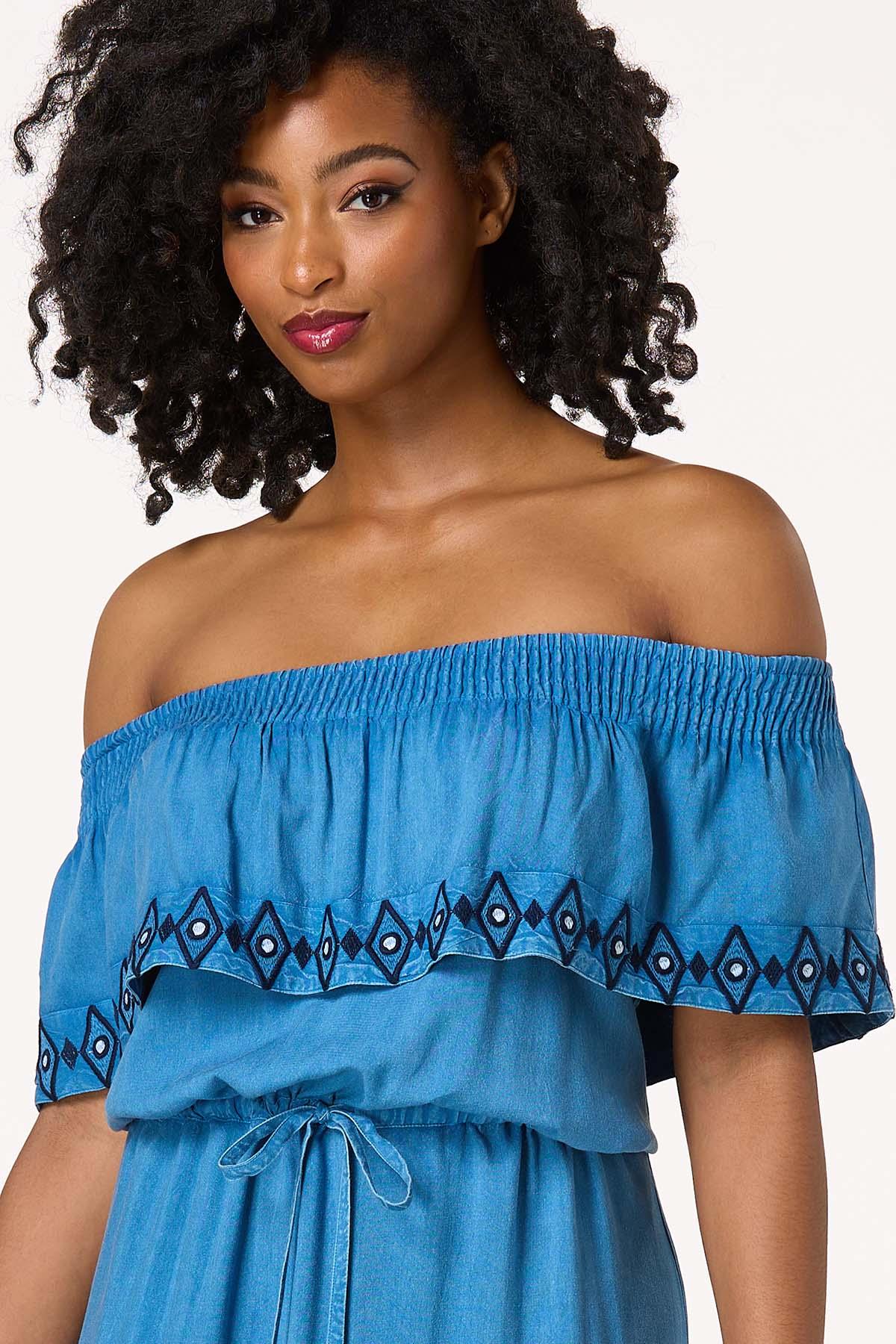 Embroidered Off Shoulder Chambray Dress