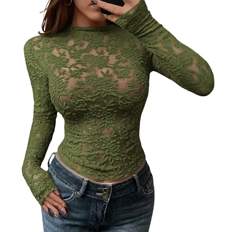 Mesh Long Sleeve Tops for Women Lace Sexy Sheer Tight See Through Crew Neck