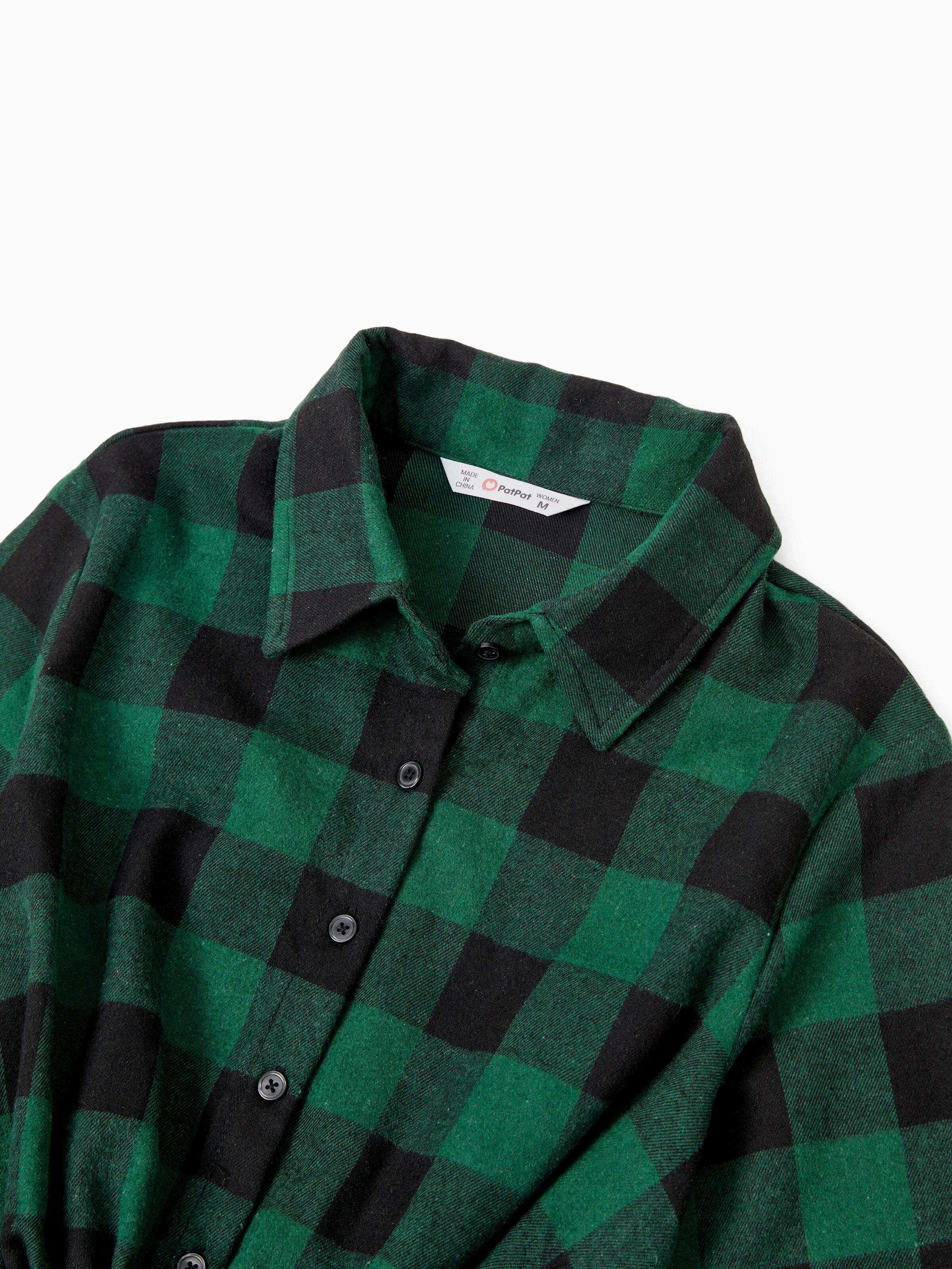 Family Matching Sets Green Plaid Long Sleeves Shirt or Tulle Mesh Dress DarkGreen
