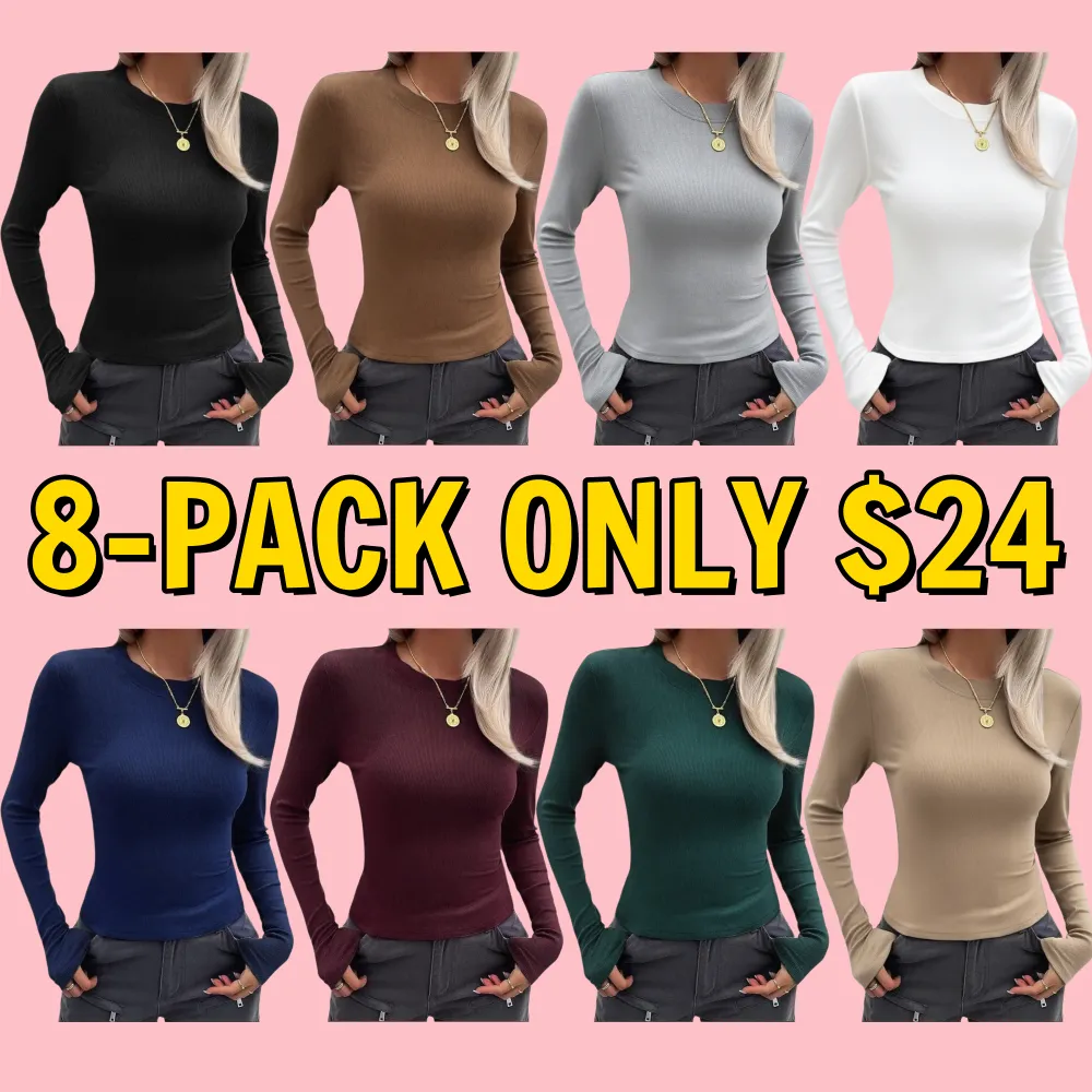 Women Long Sleeve Stretch Slim Round Neck Ribbed Basic Top