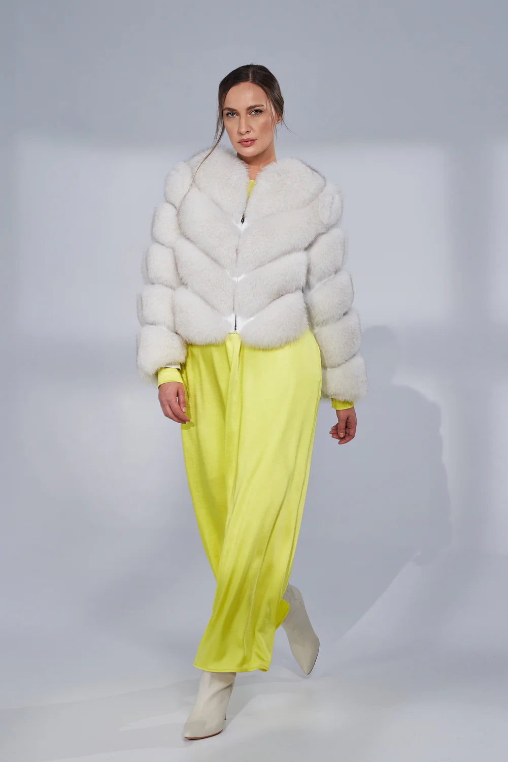 Haină din Blană Naturală de Vulpe, V Model, Transformabiă, Femei, Natural White 274