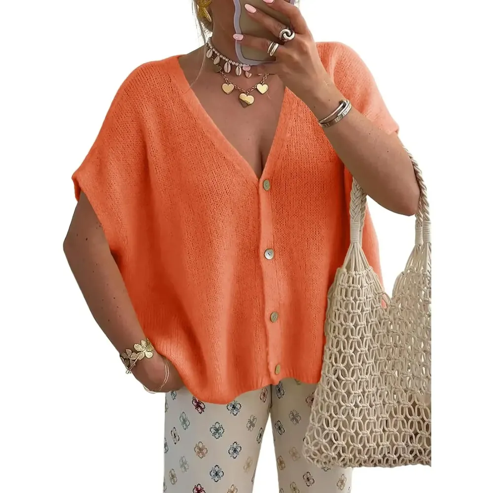 Womens Fall Oversized Cardigans Batwing Short Sleeve Lightweight Button V Neck Casual Knit Sweater Tops