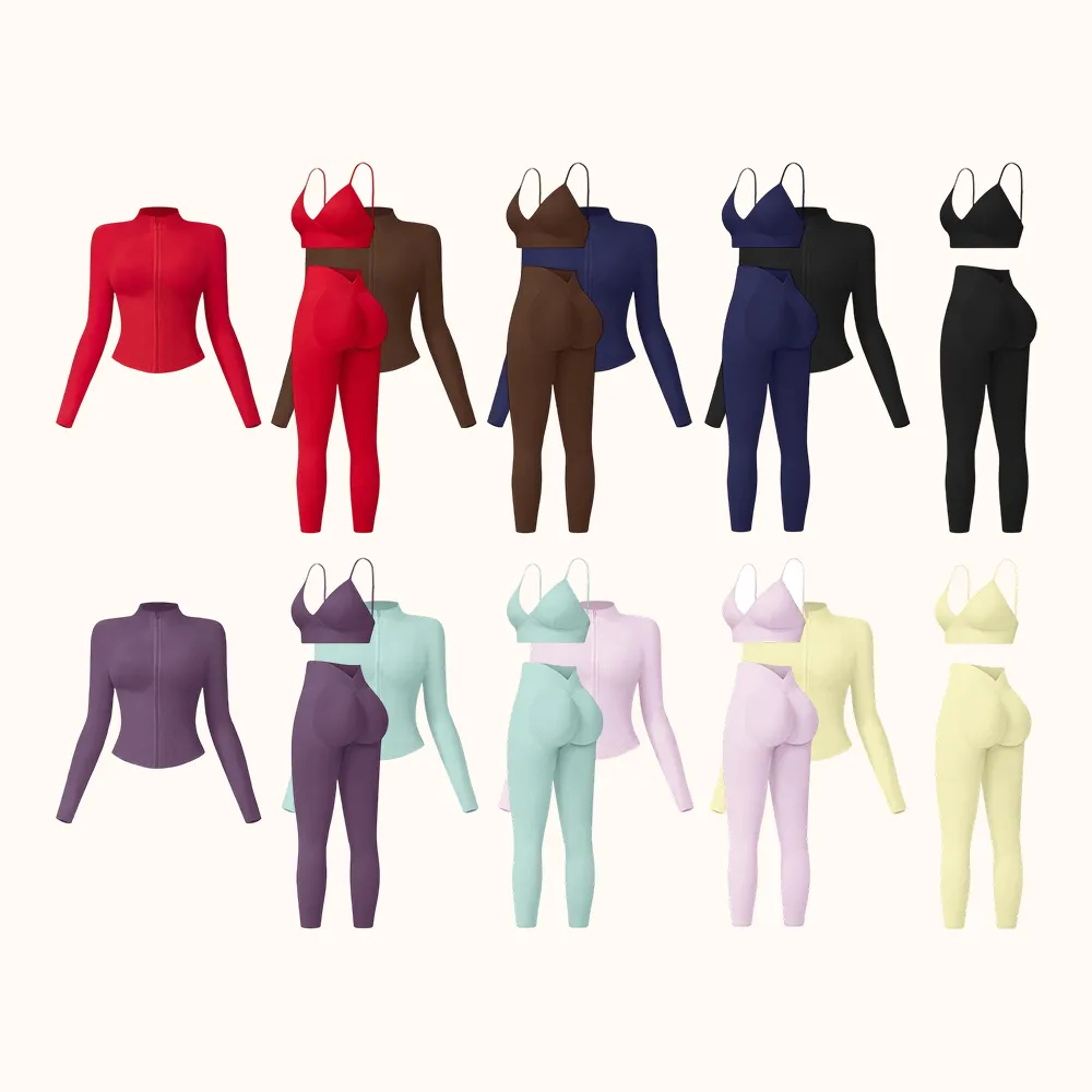 Women's Solid Criss Cross Crop Tank Top & High Waist Leggings & Zip Up Crop Jacket Tracksuit Set