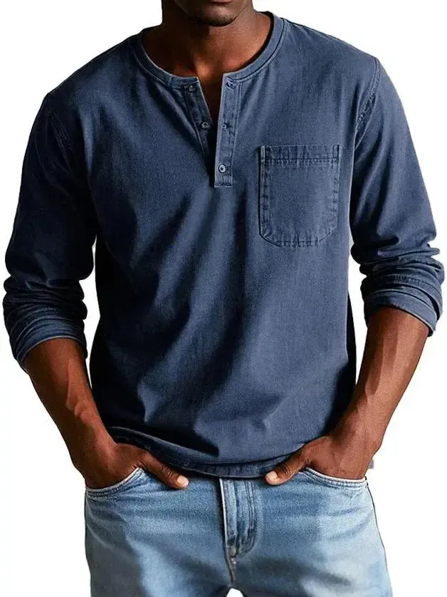 💫Clearance Sale🔥 - Men's Fashion Vintage Distressed Pocket Long Sleeve Henley Shirt
