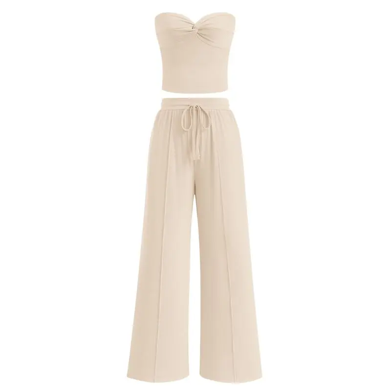 Two-Piece Sets For Women Summer Ribbed Strapless Twist Knot Tube Top Pants Set