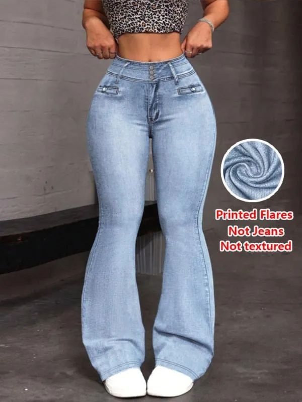 Women's Denim Print Flare Pants, Fashionable Long Jeans for Women, Casual High Waist Wide Leg Trousers