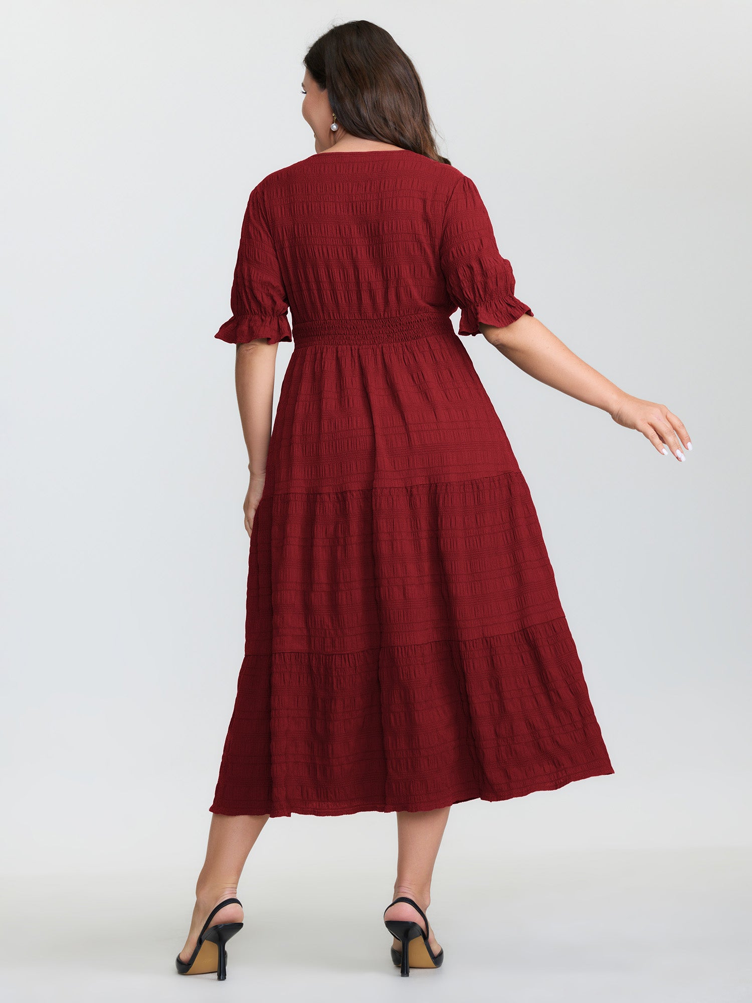 Textured Triangular Cinched-Waist Tiered Maxi Dress