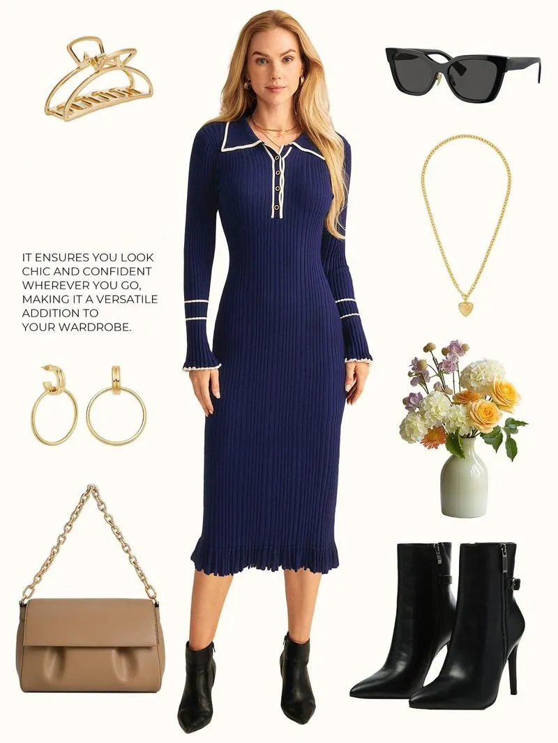 Women Ribbed Sweater Dress Long Sleeve