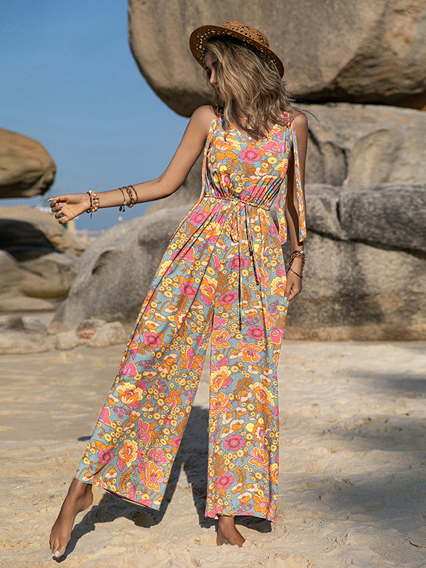 Bohemia Loose Sleeveless Floral Printed V-Neck Jumpsuit