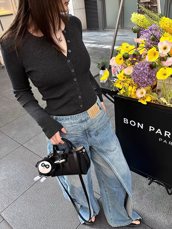 Pockets Reversible False Two Wide Leg Jean Pants Bottoms