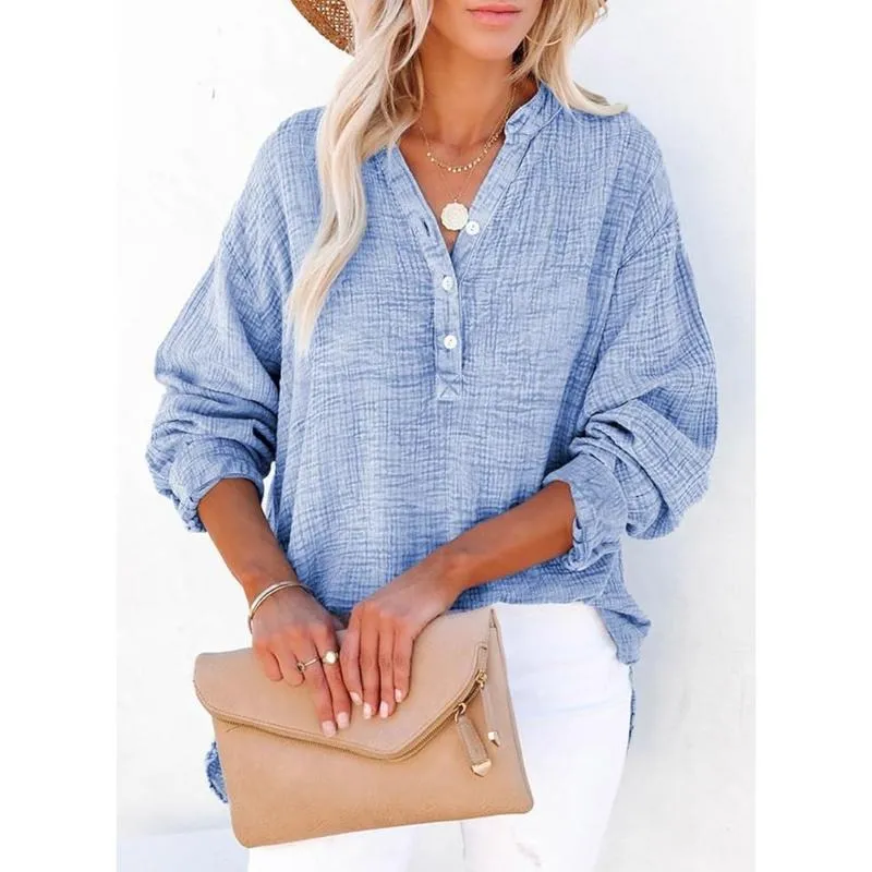 Women's Casual Button V Neck Long Sleeve Shirts Oversized Solid Blouses Tops