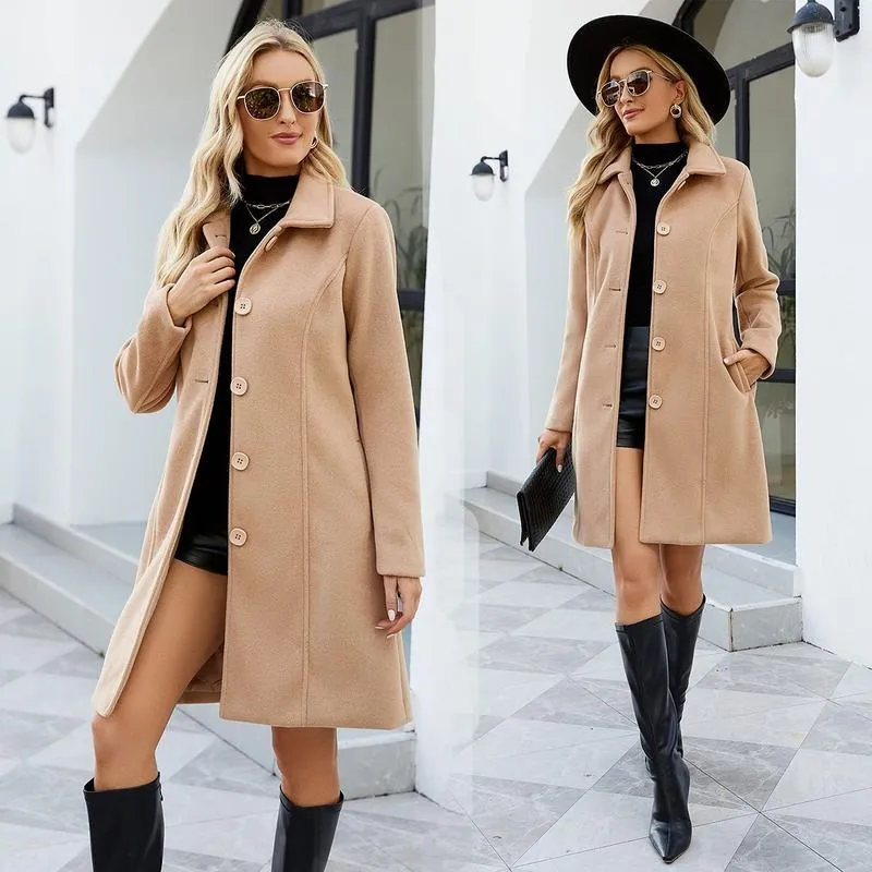 Women's Faux Wool Peacoat Single Breasted Notched Collar Trench Coat