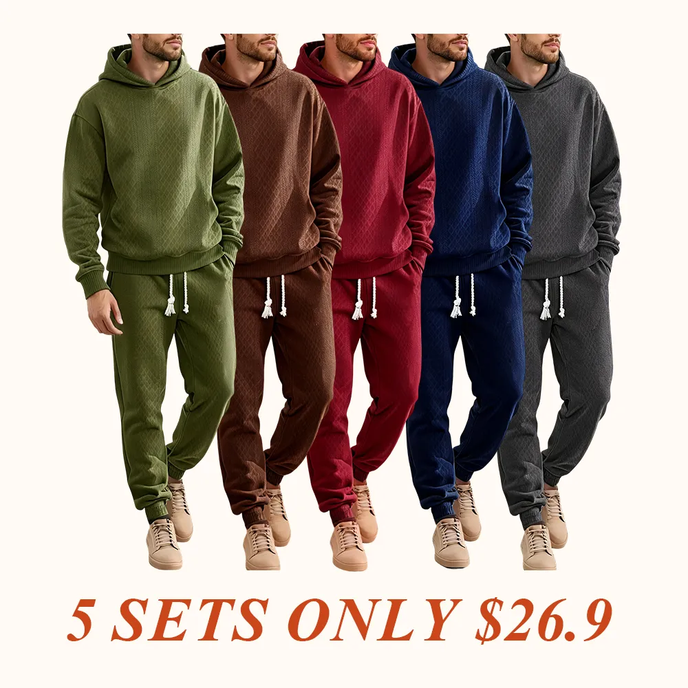 Two-piece men's solid color hooded sweatshirt and drawstring pants set