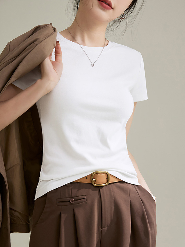 Solid Color Short Sleeves Skinny Round-Neck T-Shirts Tops