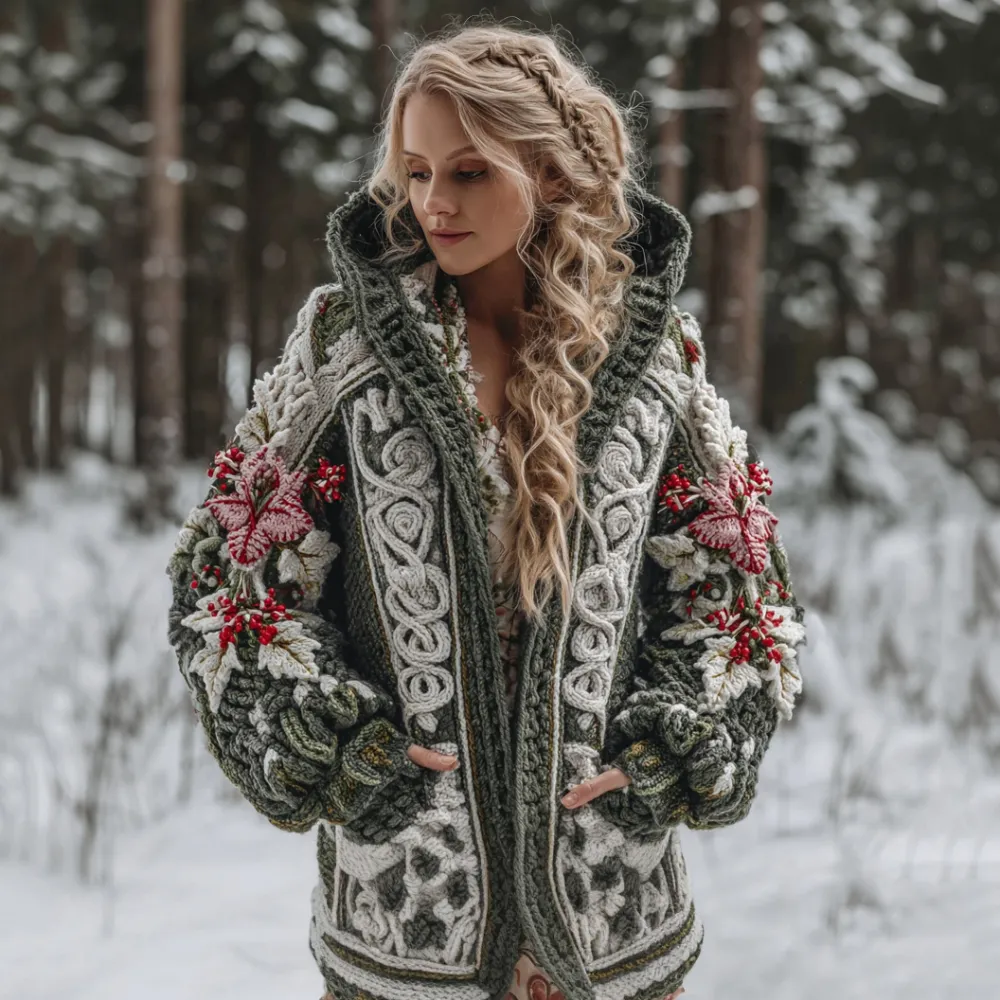 Women's Celtic Knot Christmas Flower Jacquard Button Chunky Hooded Sweater