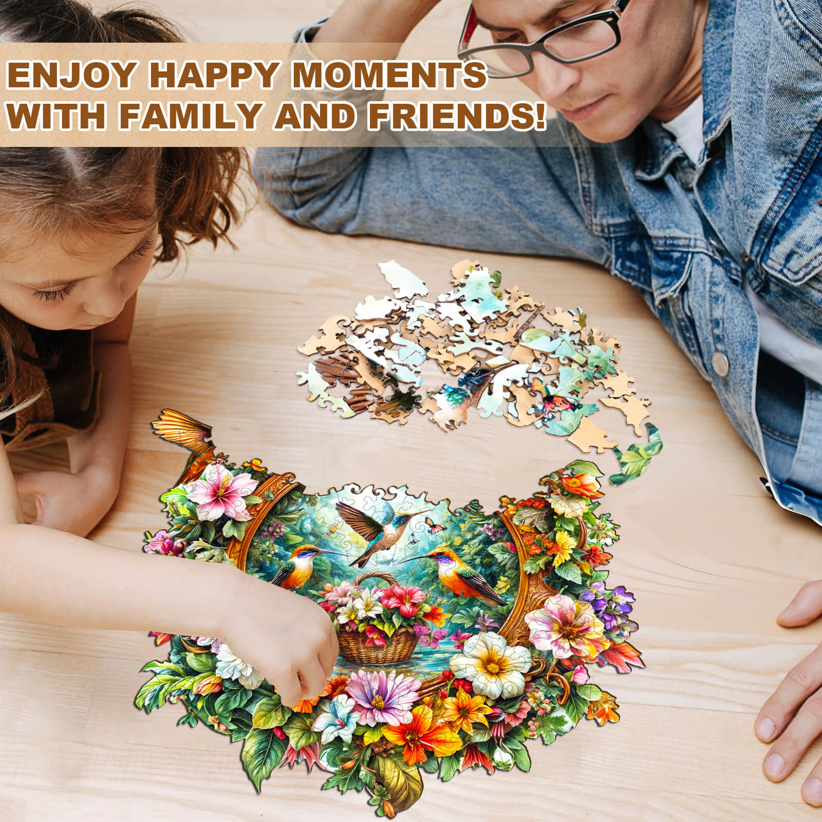 Hummingbird flower basket Wooden Jigsaw Puzzle