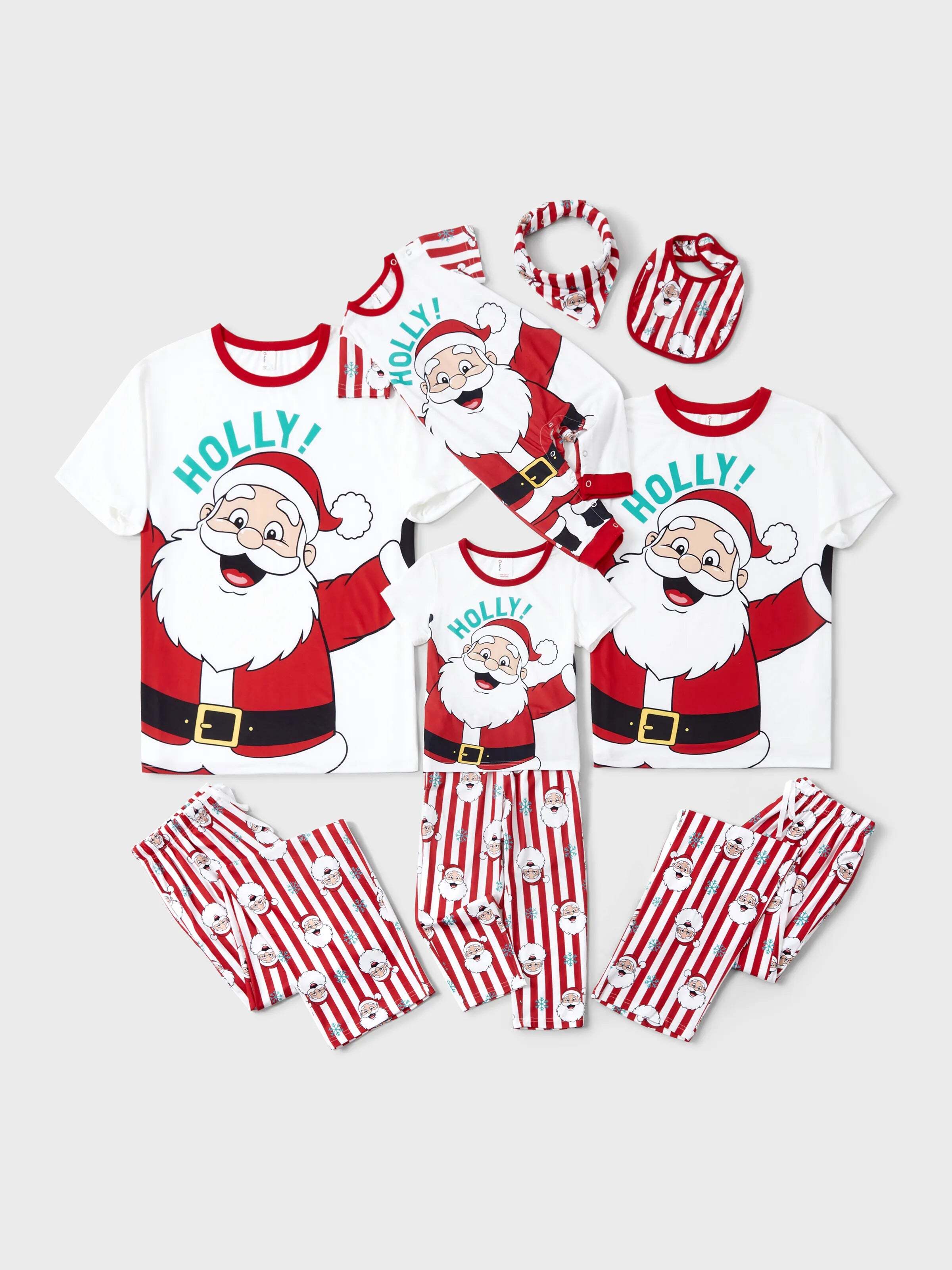 Christmas Matching Family Pajamas Set Santa Claus and Snowflakes Red Stripes PJS Red