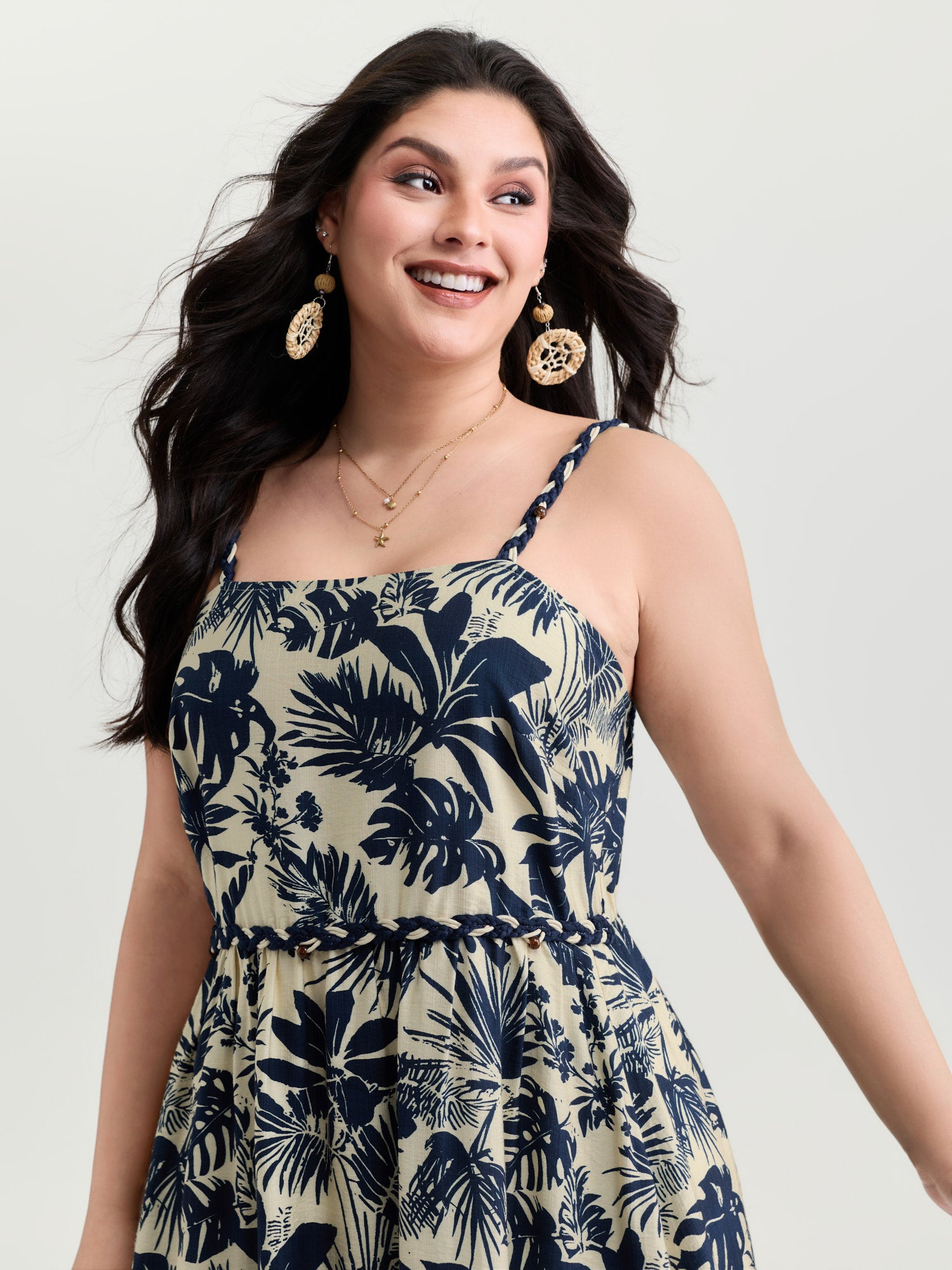 Tropical Print Stretchy Waist Midi Dress