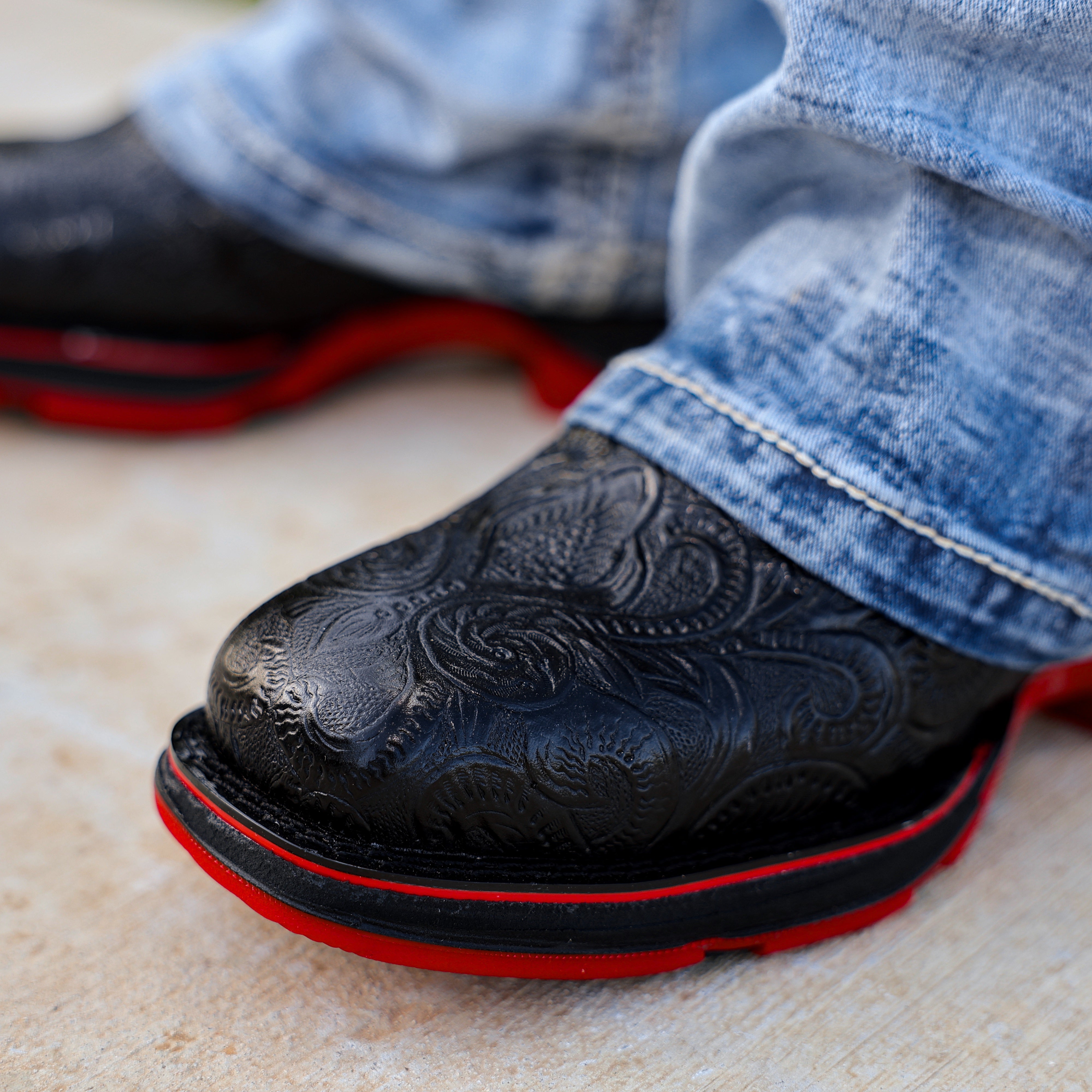 TBR Black Hand-Tooled Leather Boots With 3D Lightweight Sole - Composite Toe