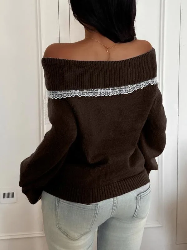 Women's off-shoulder lace bow sweater