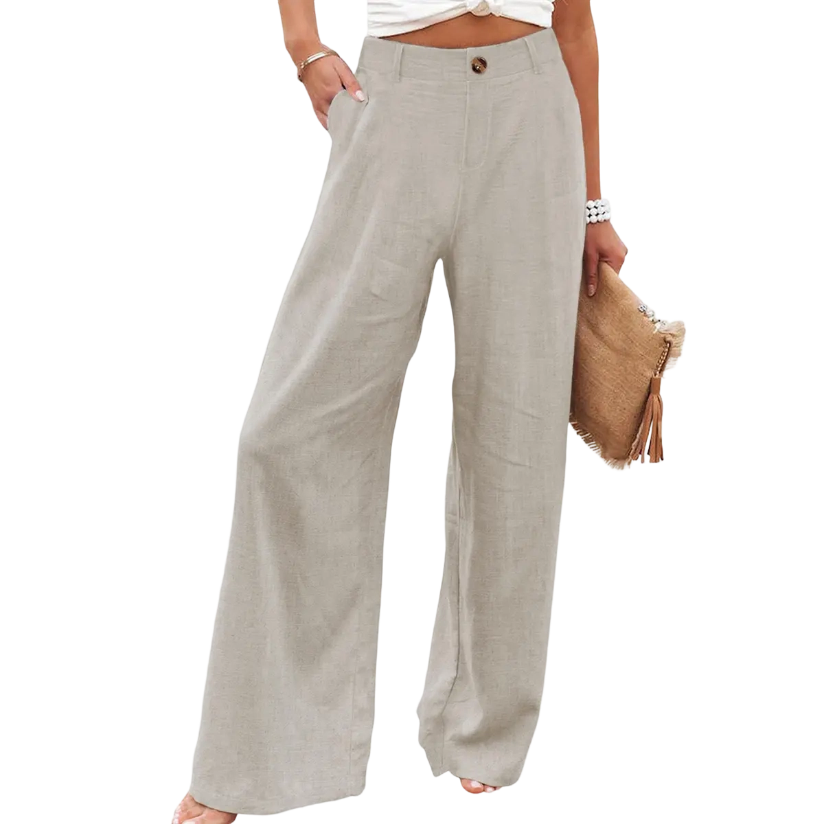 Kingapril Womens Cotton Linen Pants Casual Button Up High Waisted Wide Leg Trousers