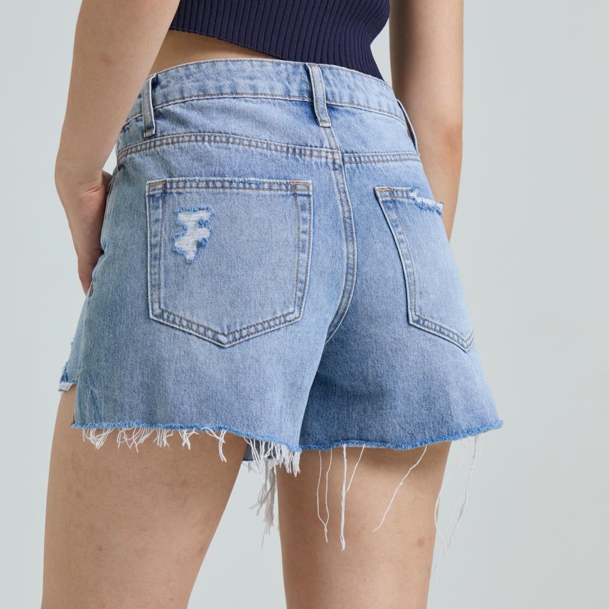 Mother's Day Sale💕Non-Stretch High Rise Raw Hem Ripped Jean Shorts Rigid Denim