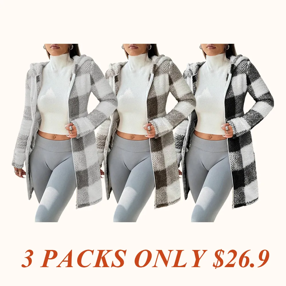 Women's Plaid Fleece Long Sleeve Hooded Coat