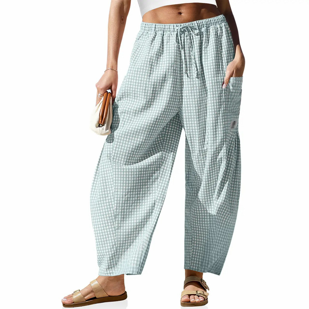 Women's Gingham Striped Wide Leg Pants – Low Waist Drawstring Palazzo with Pockets