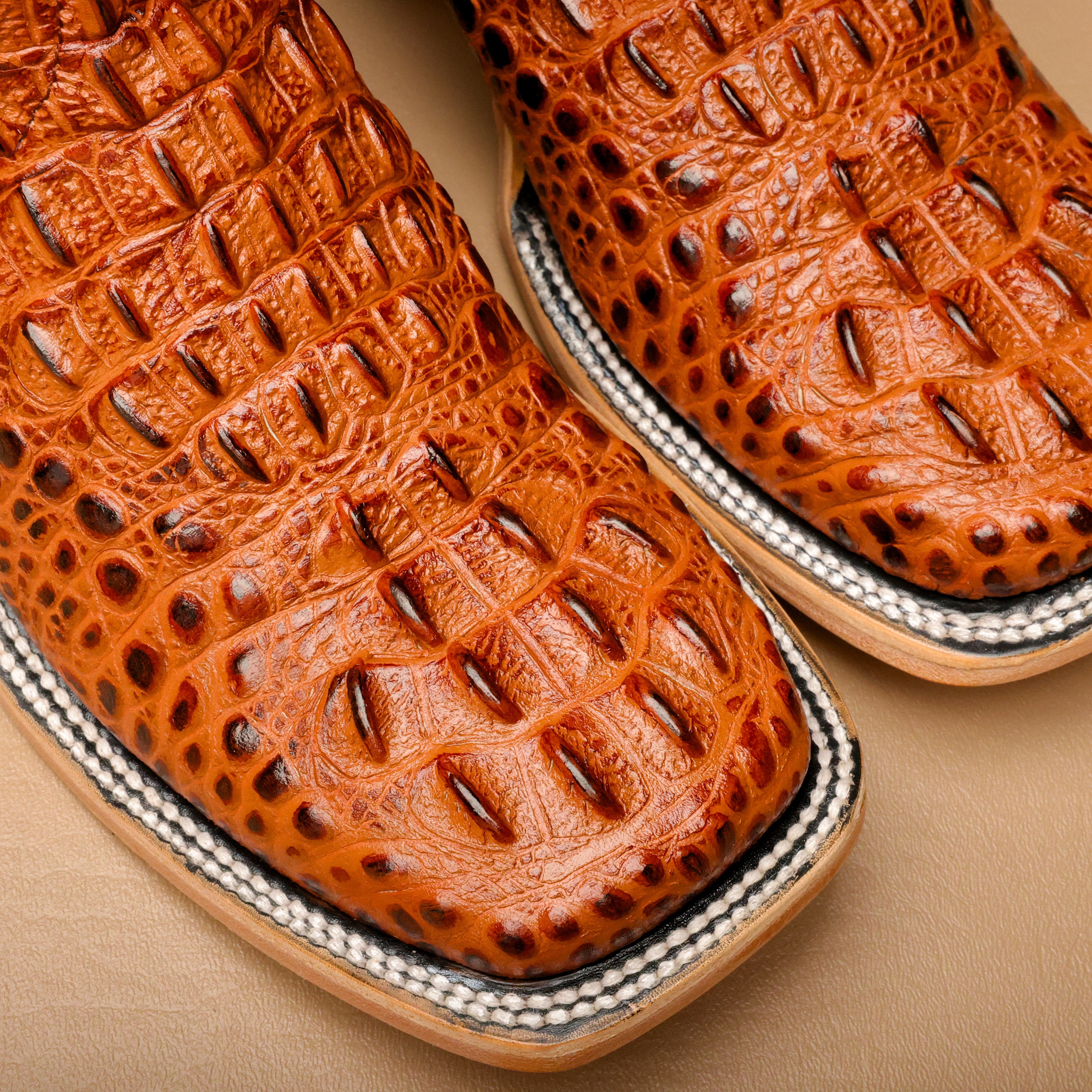 Cognac Caiman Neck Leather Boots - Square Toe