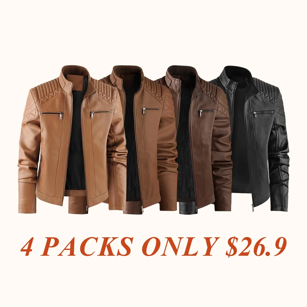 Men's Windproof Leather Jacket with Zipper Closure Solid Color Sport Style Pilot Motorcycle Model Multi