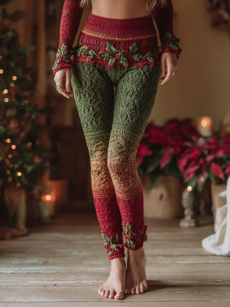 Vintage Christmas Holly Leaves Gradient Art Knit Jacquard Cozy Knit Leggings