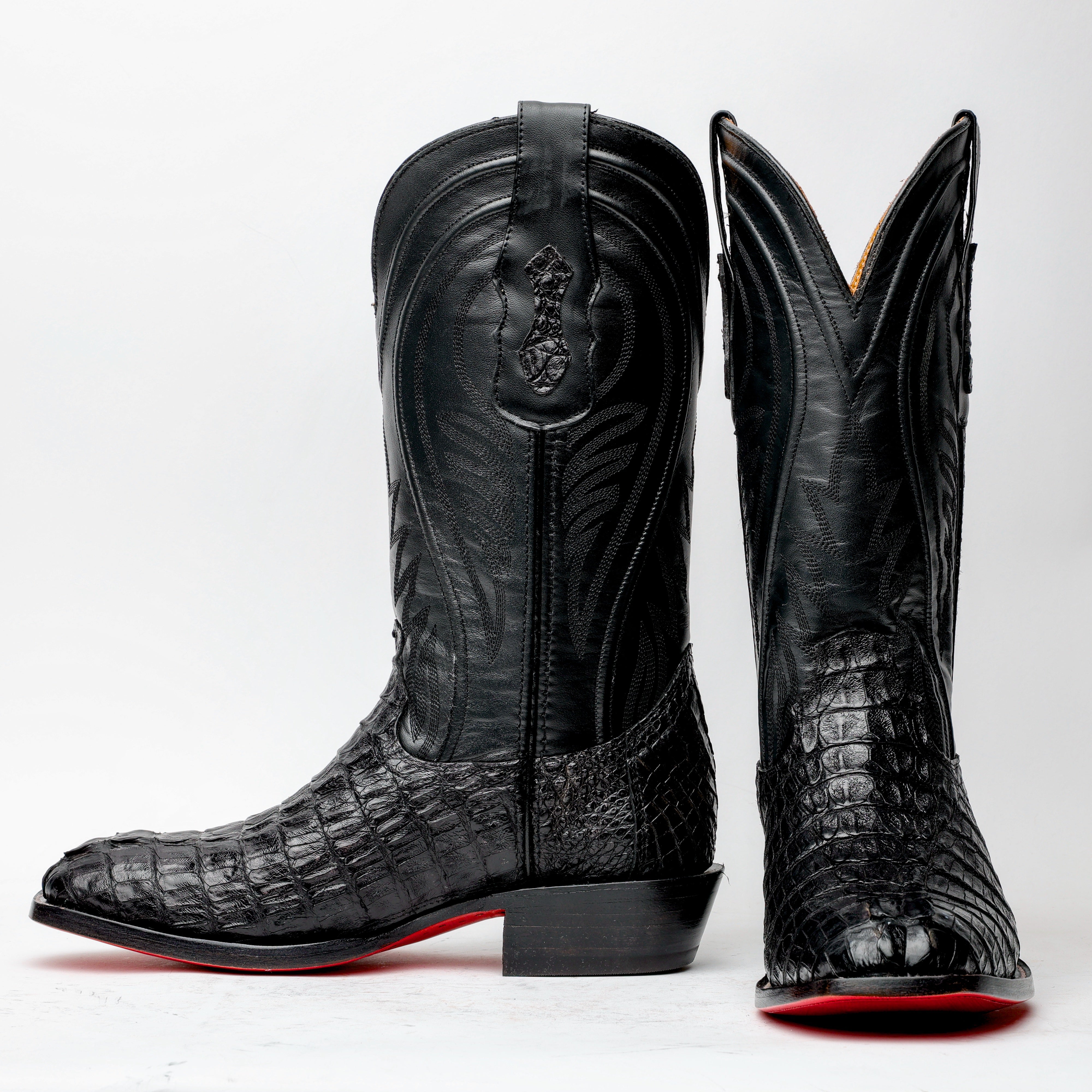 Black GENUINE Caiman Tail Boots - French Toe