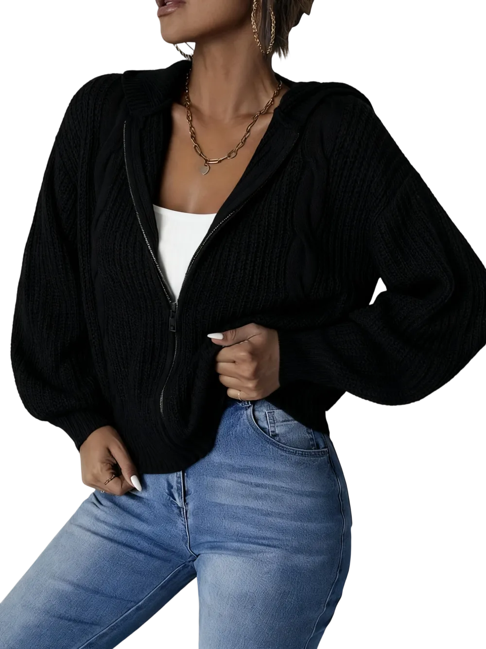 Women's Plain Zip Up Hooded Cardigan