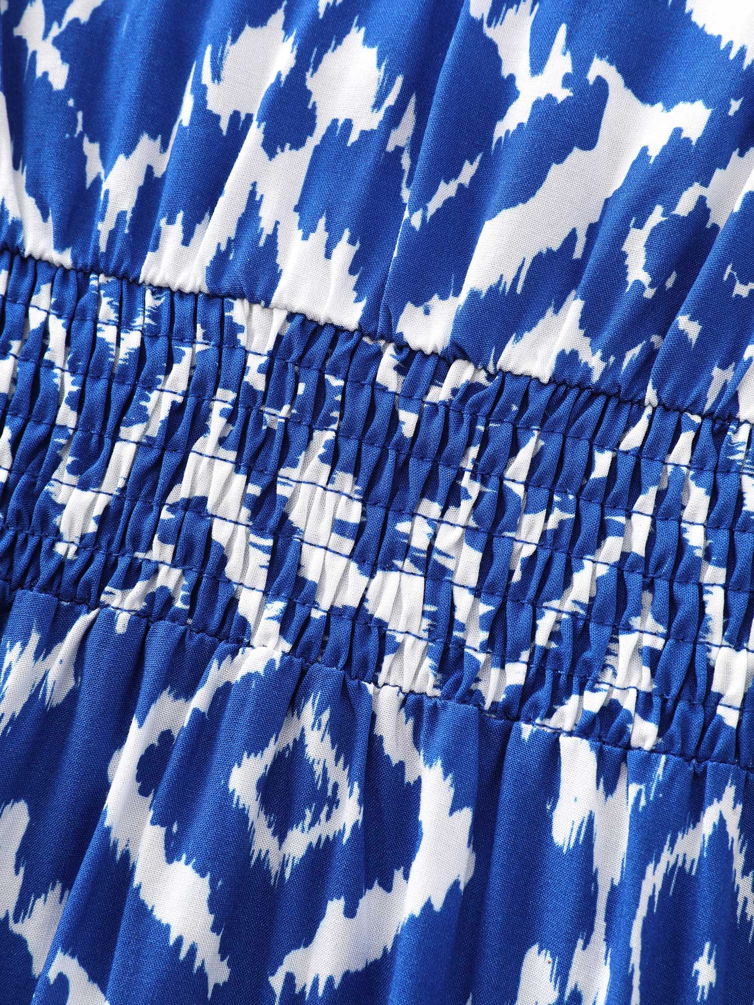 Abstract Print Drawstring Neckline Shirred Mini Dress